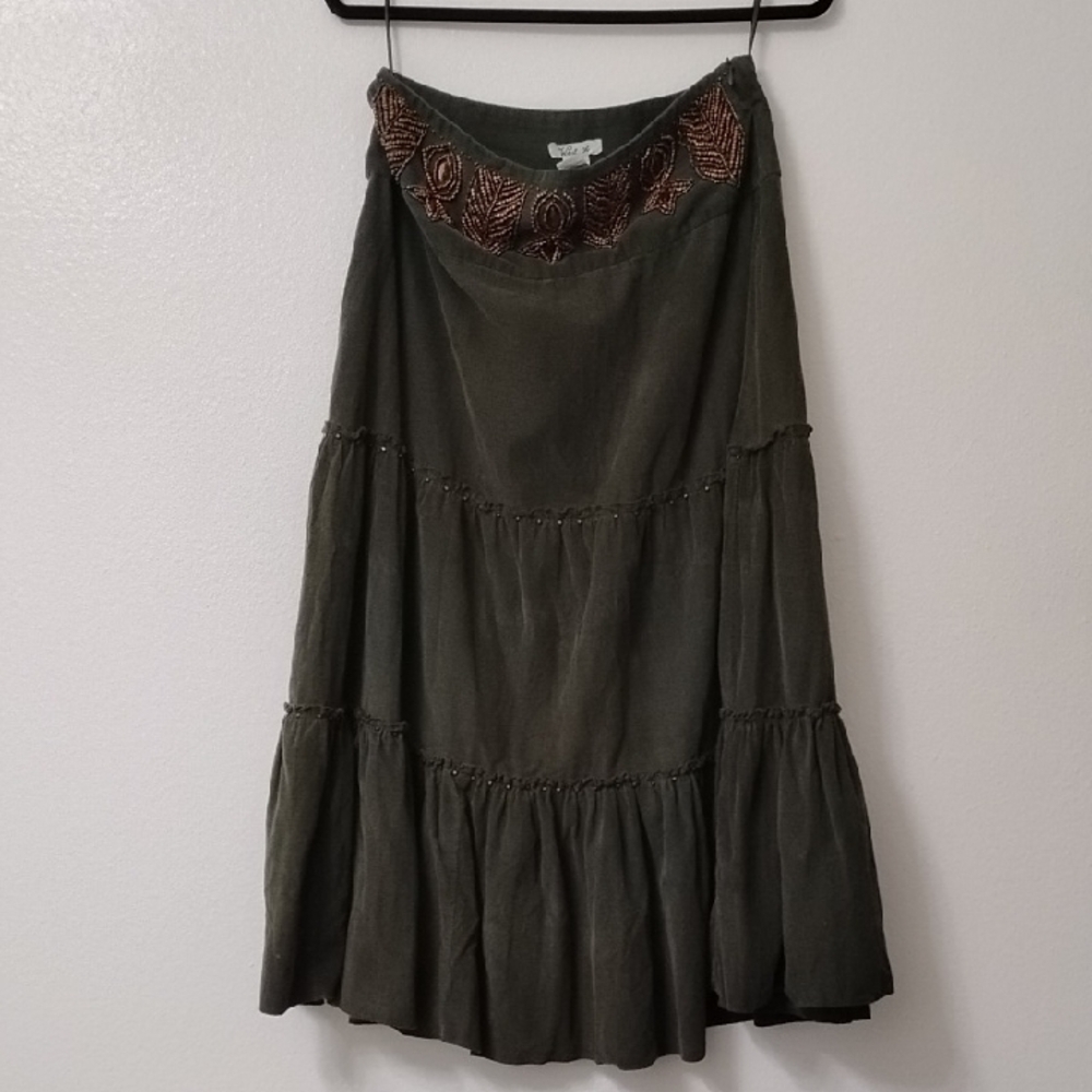Embroidered Waist Olive Green Tiered Maxi Skirt